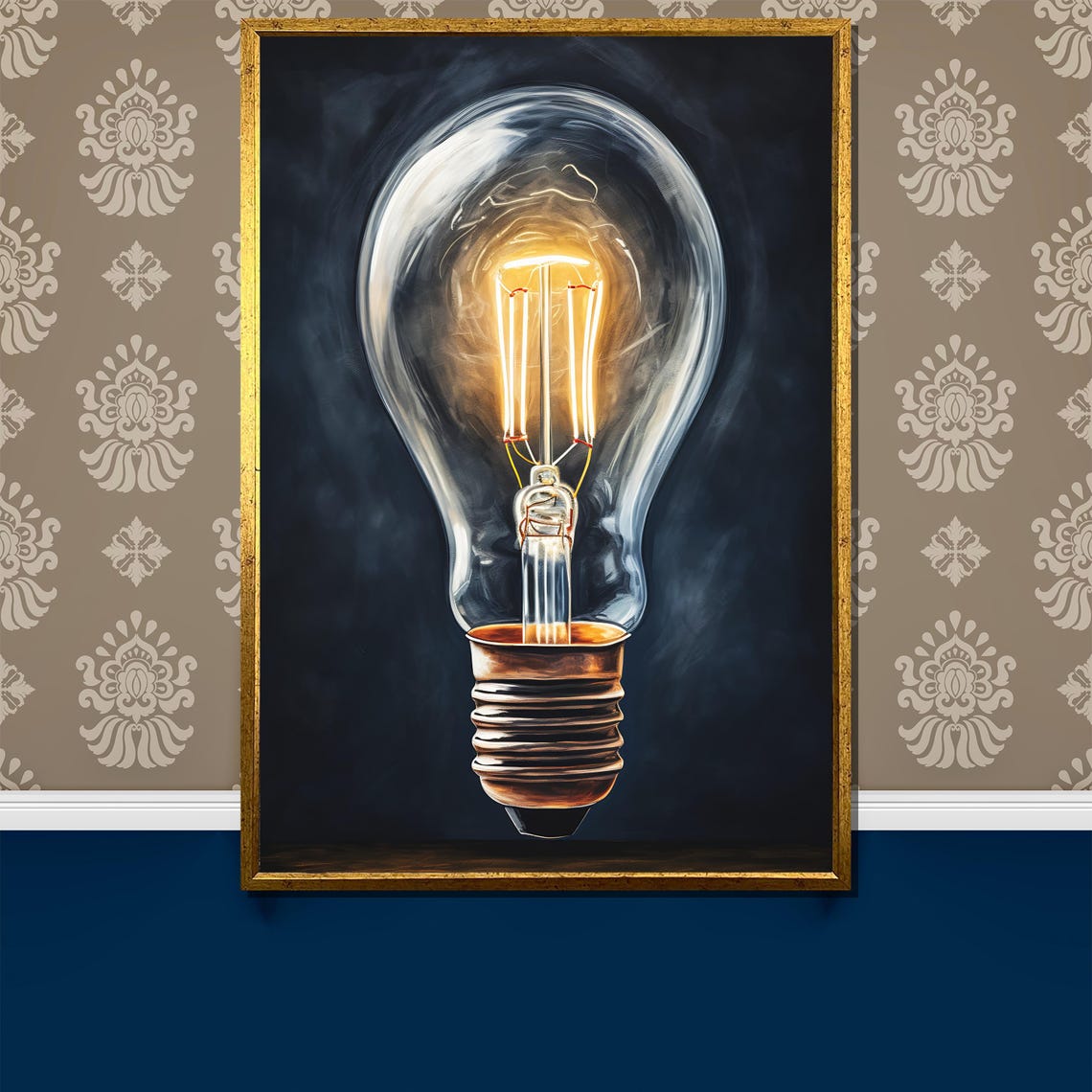Glowing Vintage Edison Light Bulb on Dark Background Oil Poster