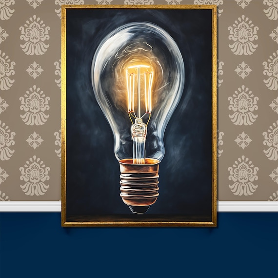 Glowing Vintage Edison Light Bulb on Dark Background Oil Poster