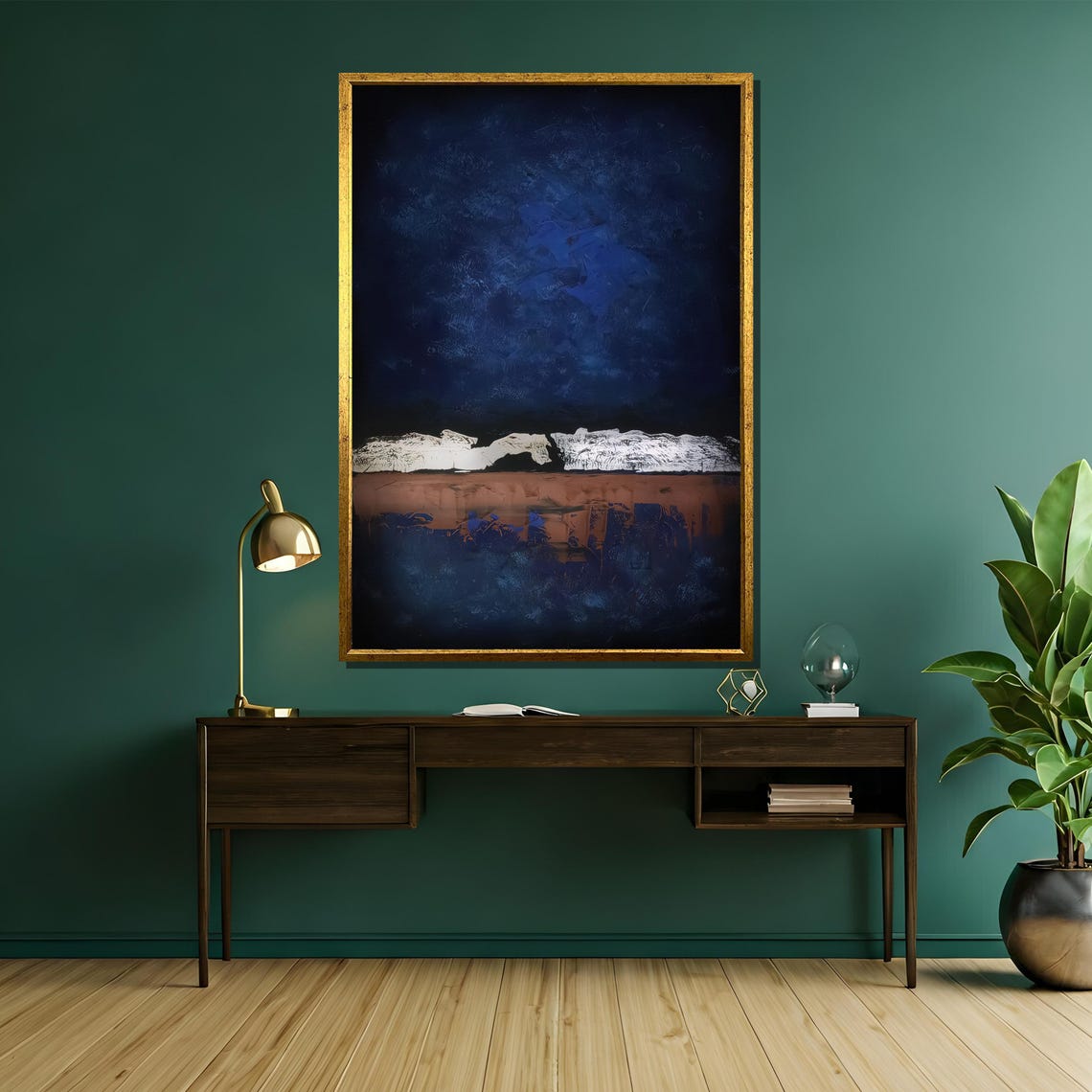 Deep Blue Abstract White Horizon Earth Tone Modern Art Poster - Image 5