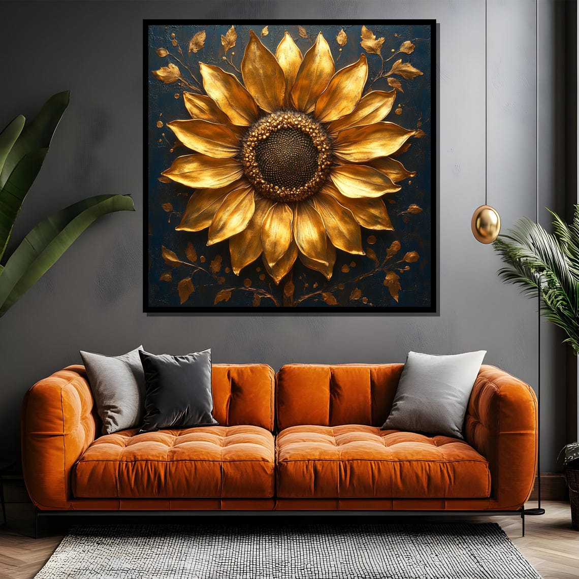 Golden 3D Sunflower On Deep Blue Luxurious Large Floral Poster - Image 4