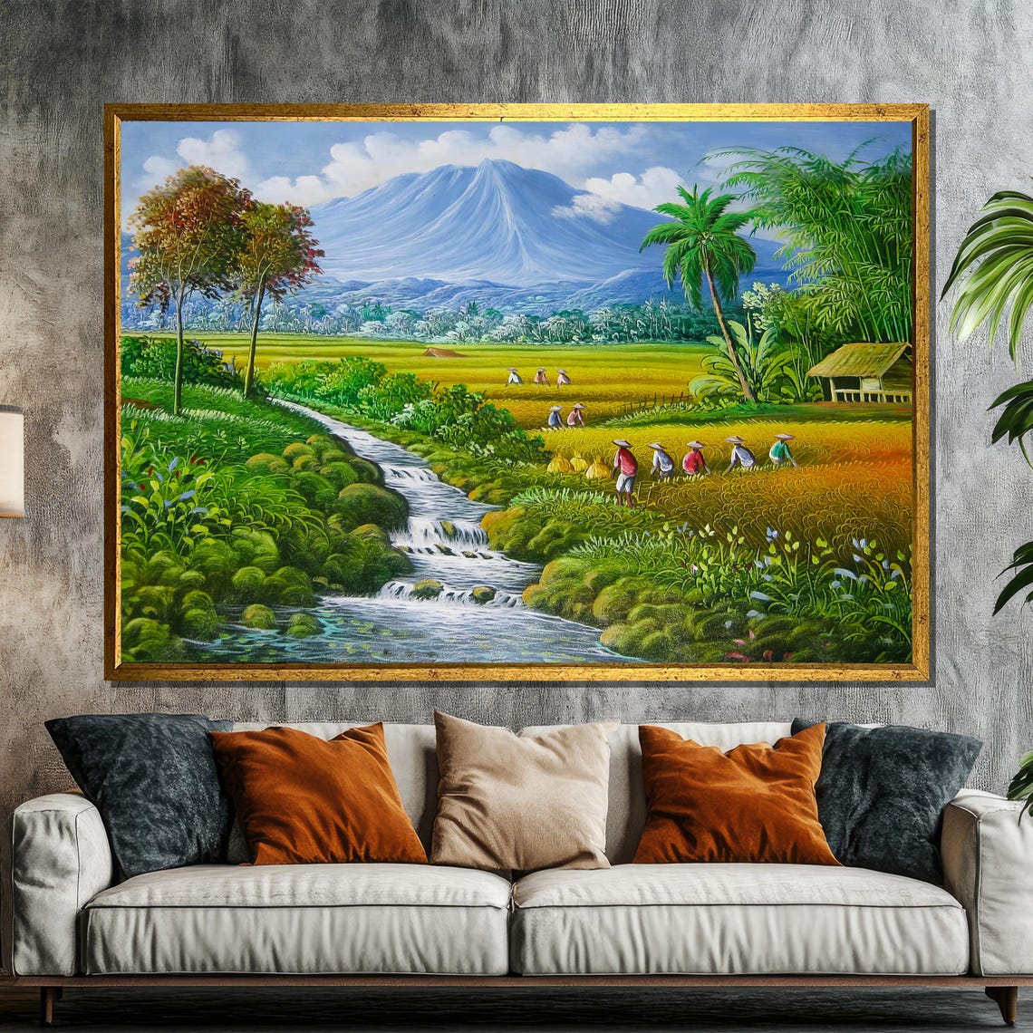 Tropical Rice Fields With Farmers and Volcano Mountain Painting Poster