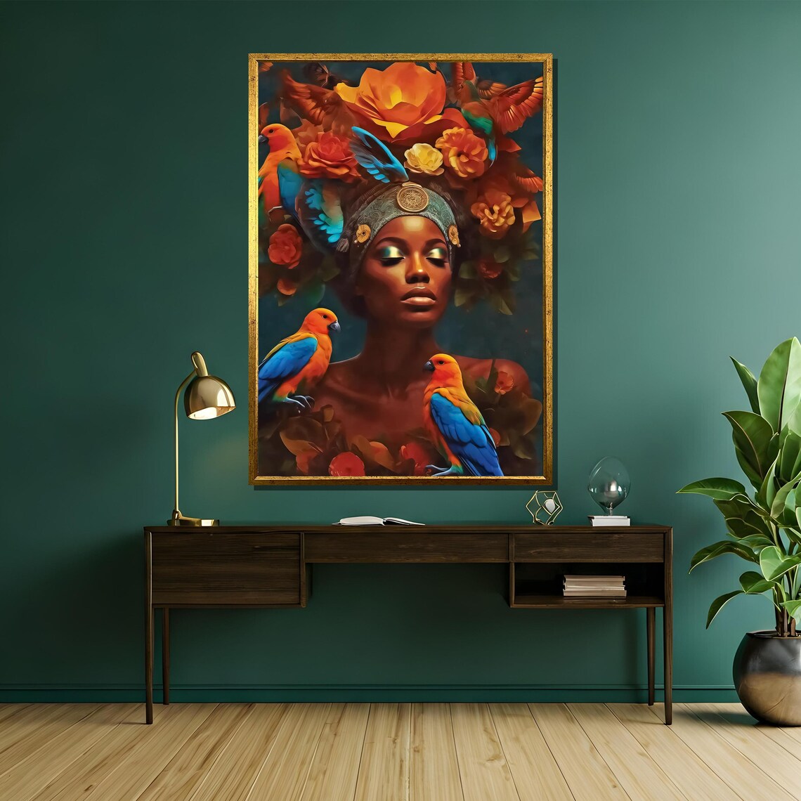 Regal Exotic Woman With Parrot Flower Crown Tropical Art Poster - Image 5