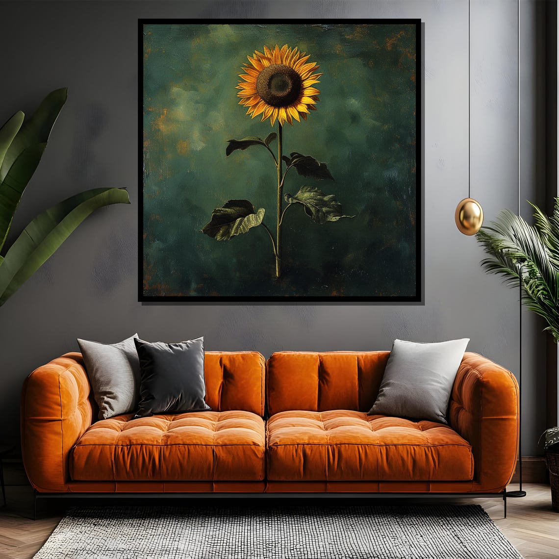 Single Sunflower On Deep Green Vintage Style Botanical Floral Poster - Image 4