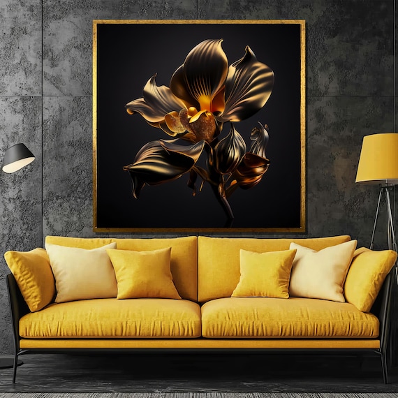 Elegant Black And Gold Floral Painting Luxury Modern Wall Art Gift For Home Interiors Dark Botanical Design With Golden Details