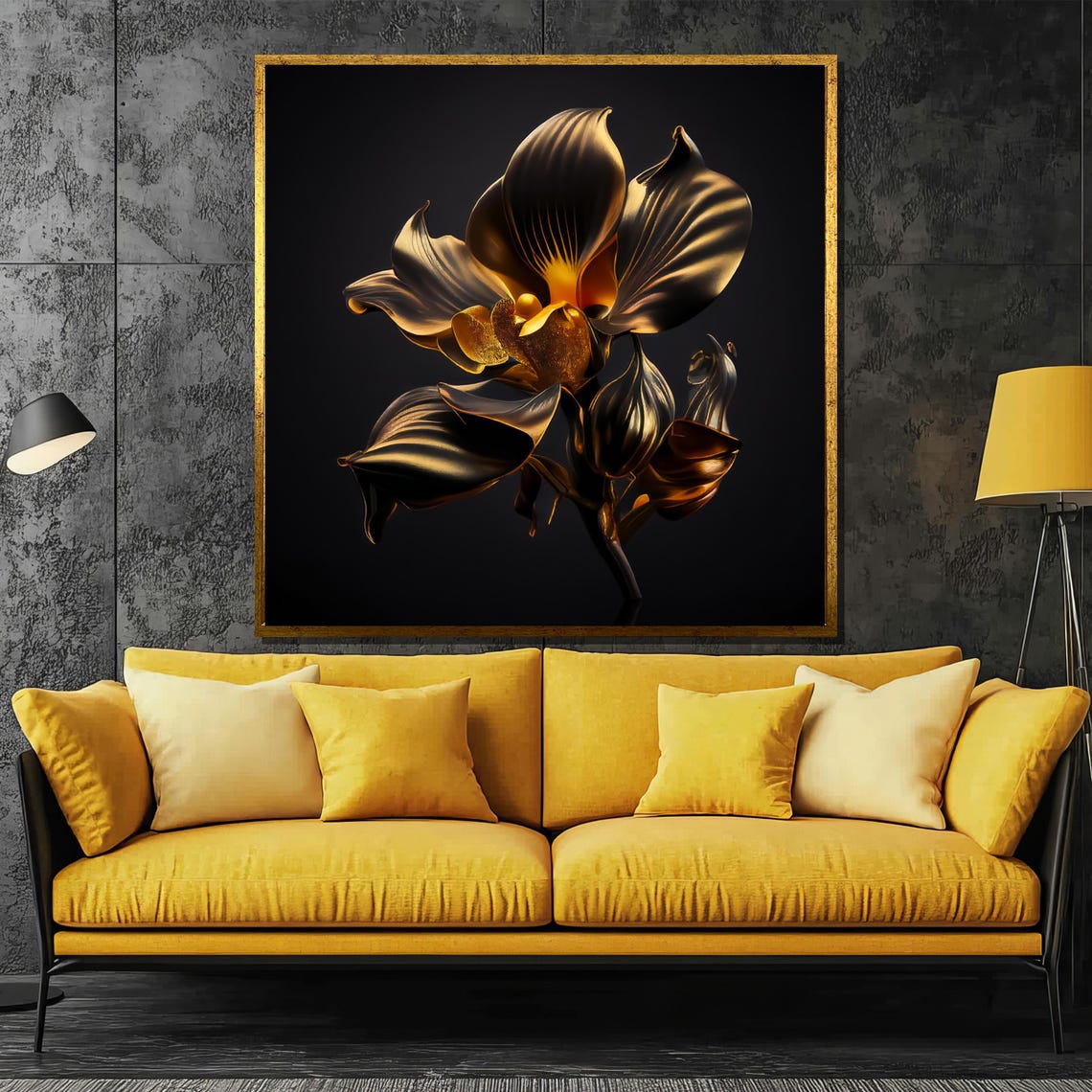 Metallic Gold Orchid Bloom on a Black Luxury Botanical Poster