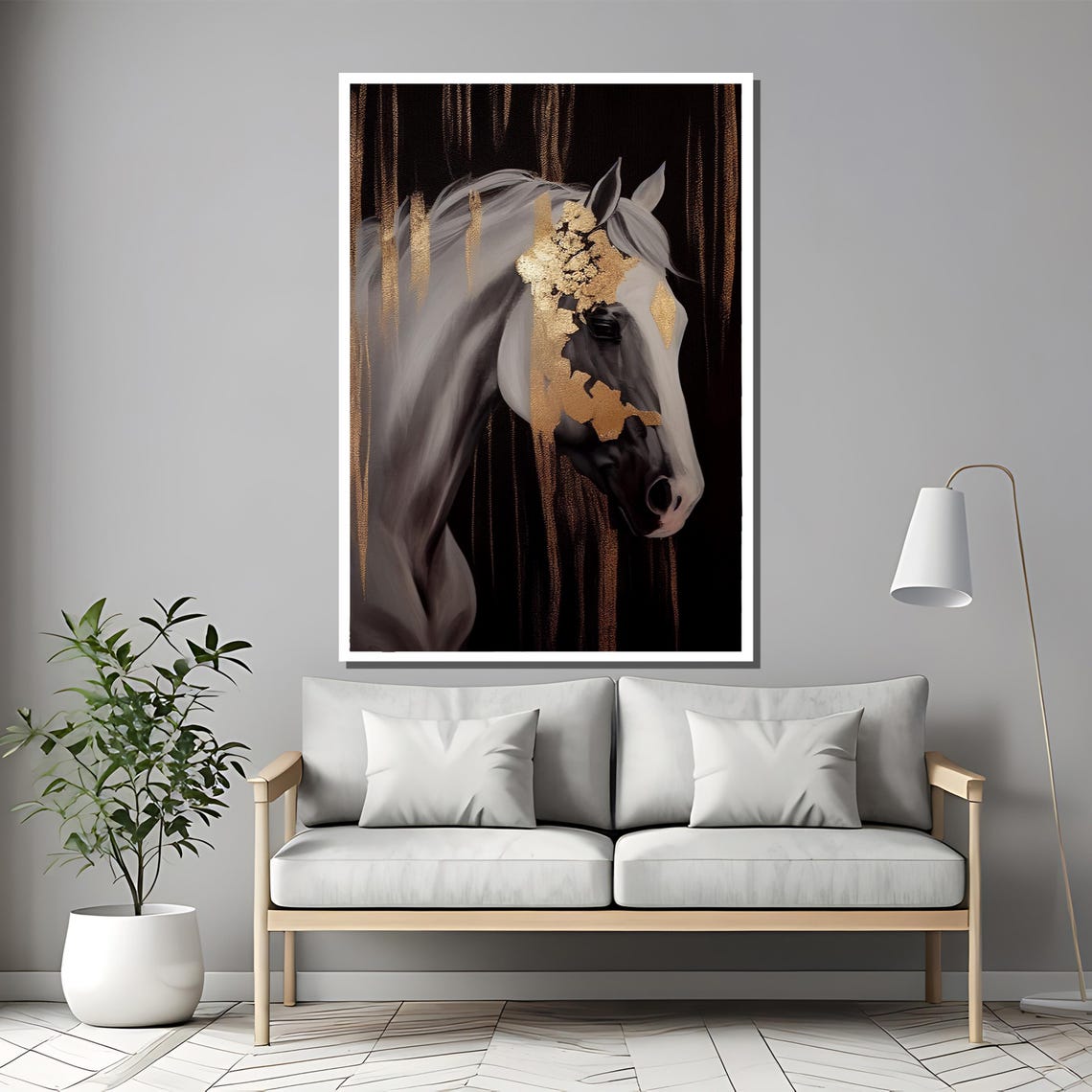 White Horse Gold Leaf Elegant Equine Art Luxe Wall Decor Poster - Image 2