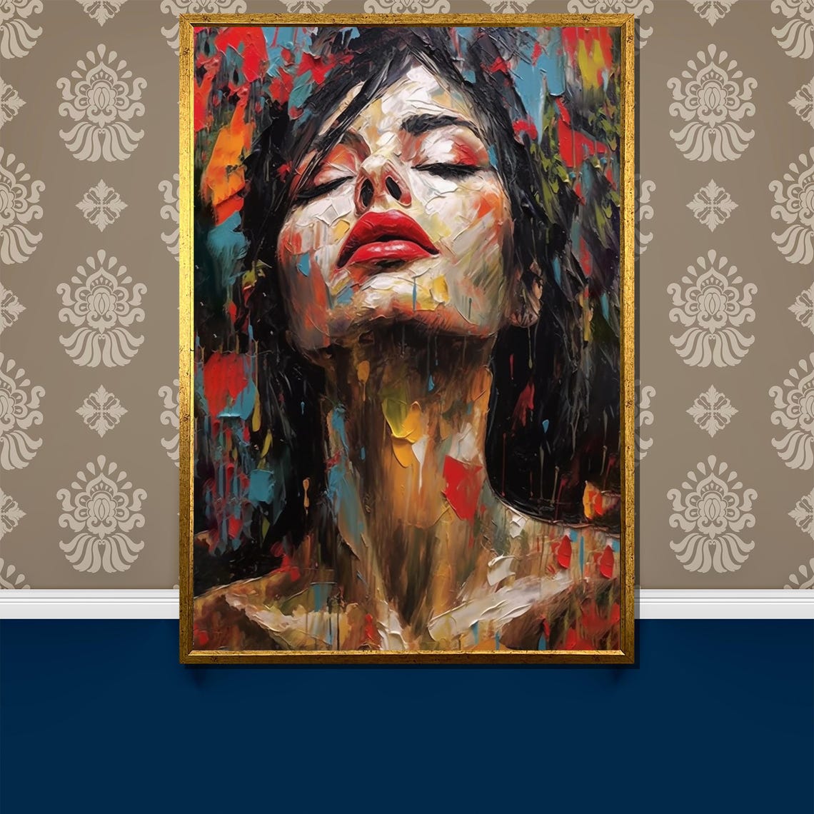 Impasto Woman Face With Crimson Lips Textured Emotion Poster