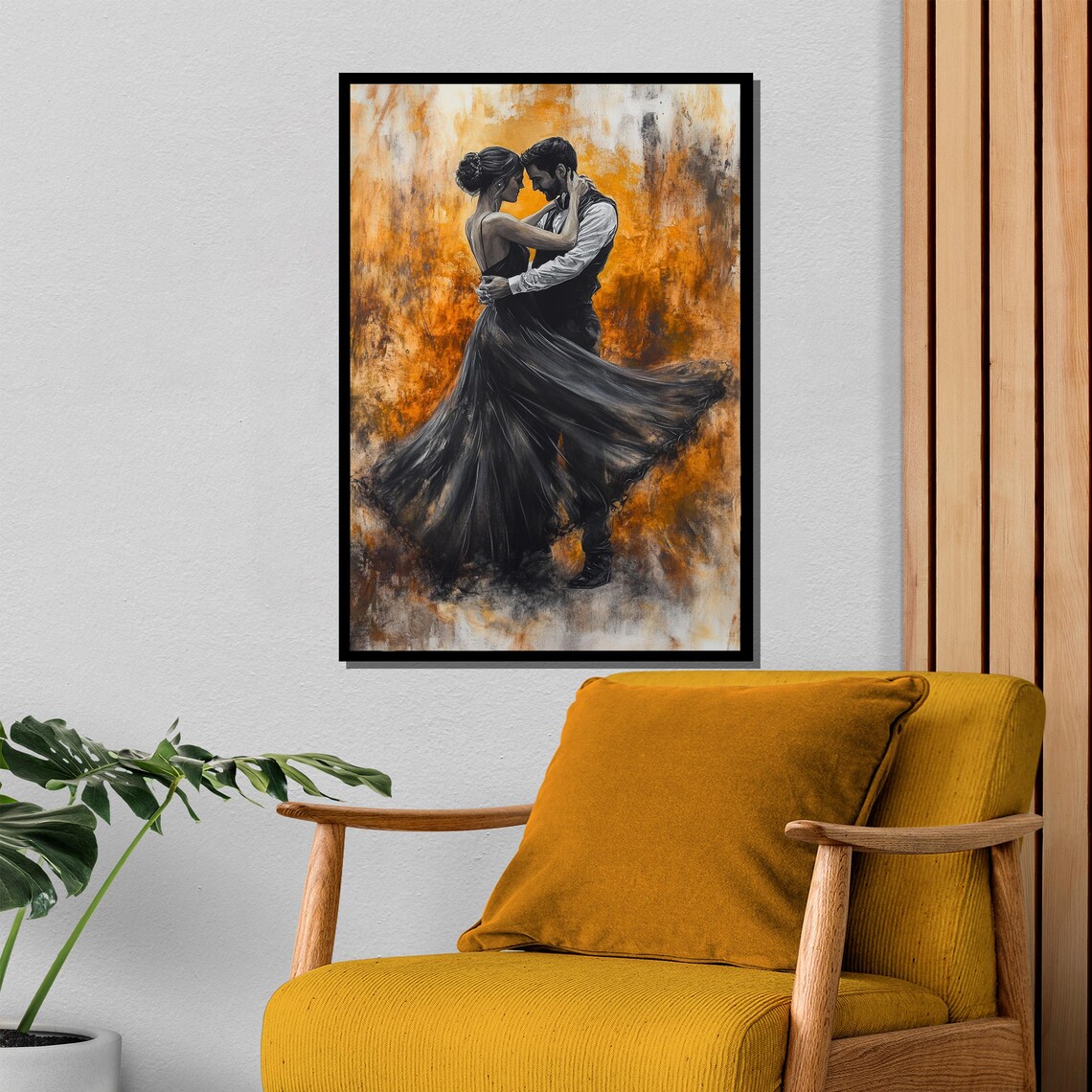 Couple Dancing Embrace Black Gown Fiery Orange Painting Poster - Image 4