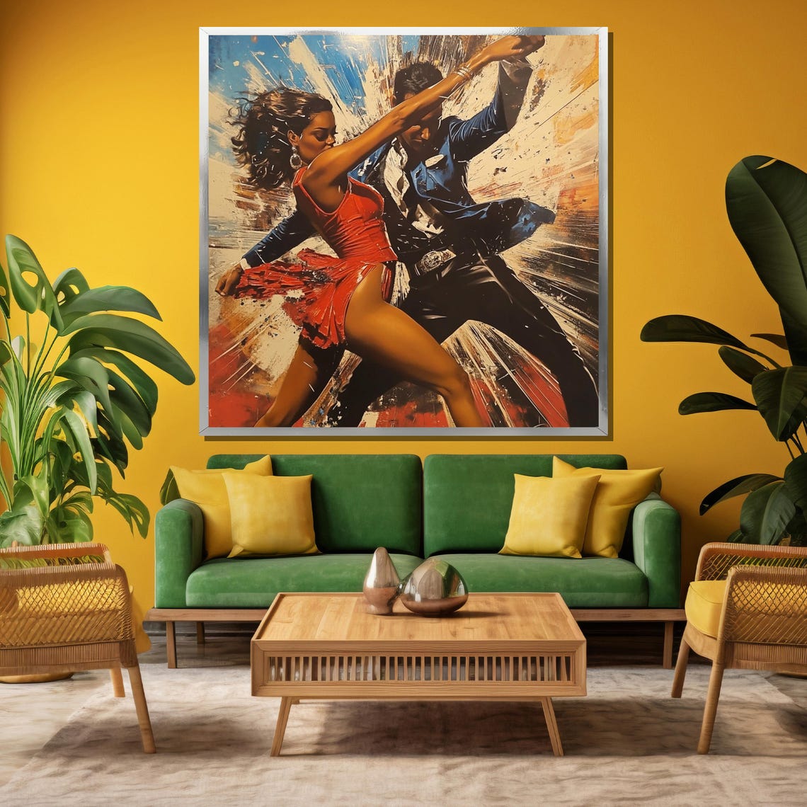 Dynamic Salsa Couple Dancing in Red and Blue Splash Art Poster - Image 3