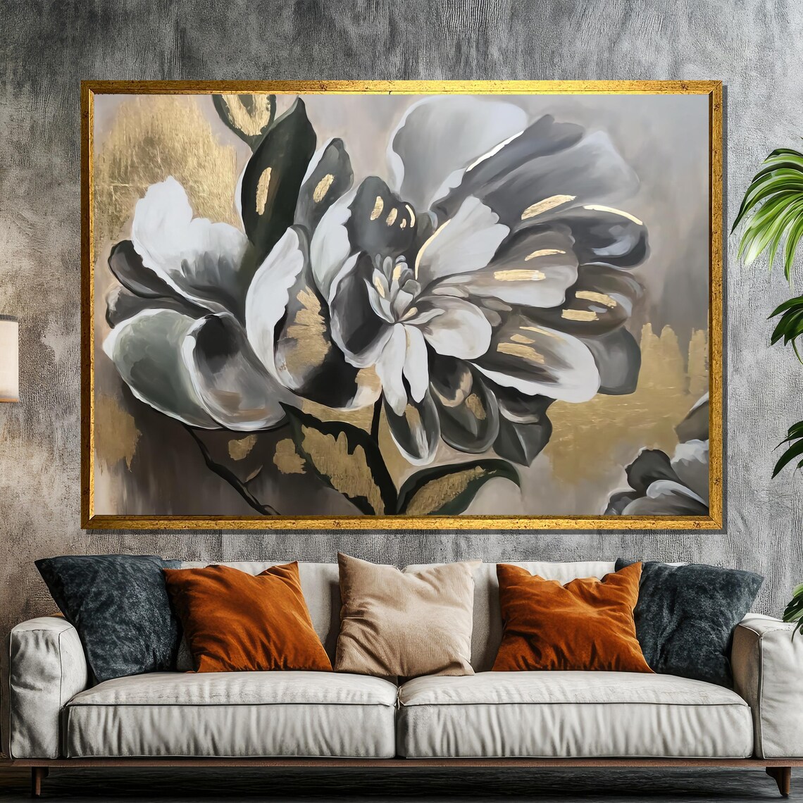 Monochrome Magnolia Bloom with Gold Accents in a Modern Floral Poster
