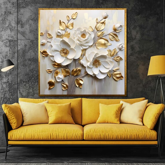 Elegant White And Gold Floral Painting 3d Flower Art Wall Decor For Living Room Luxury Gift For Home Decoration