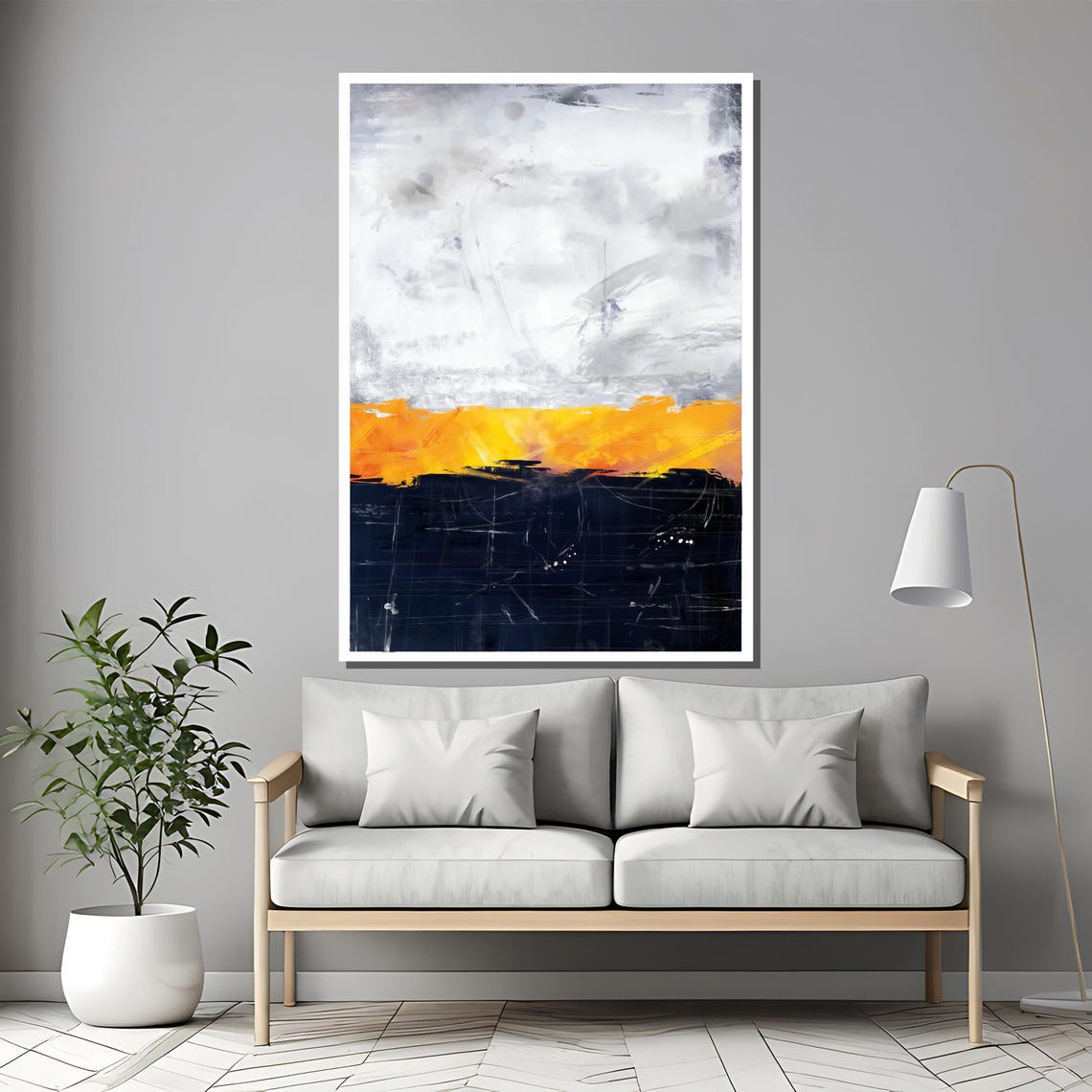 Modern Abstract Horizon Painting Captivating Blend Of Cloudy White Bold Yellow And Deep Blue Art Gift For Any Interior Decor - Image 2