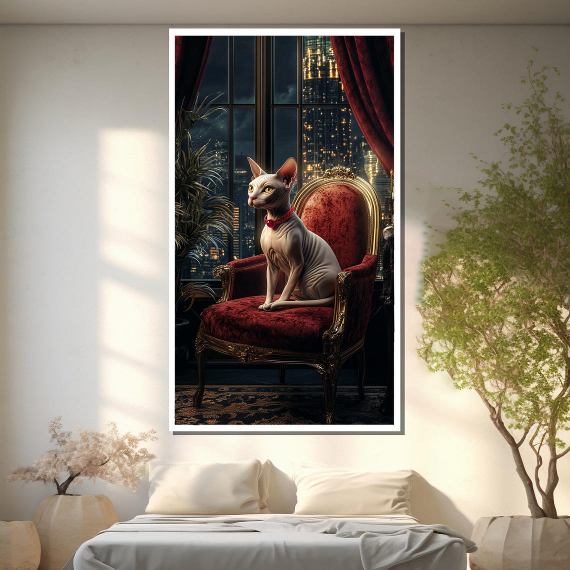 Throne Room Regal Sphynx Cat Overlooking Night City Skyline Poster - Image 2