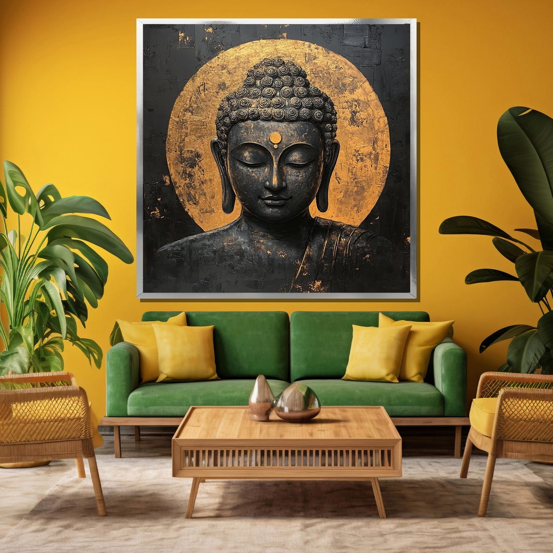 Black Buddha Head with Gold Halo Serene Meditation Decor Poster - Image 3