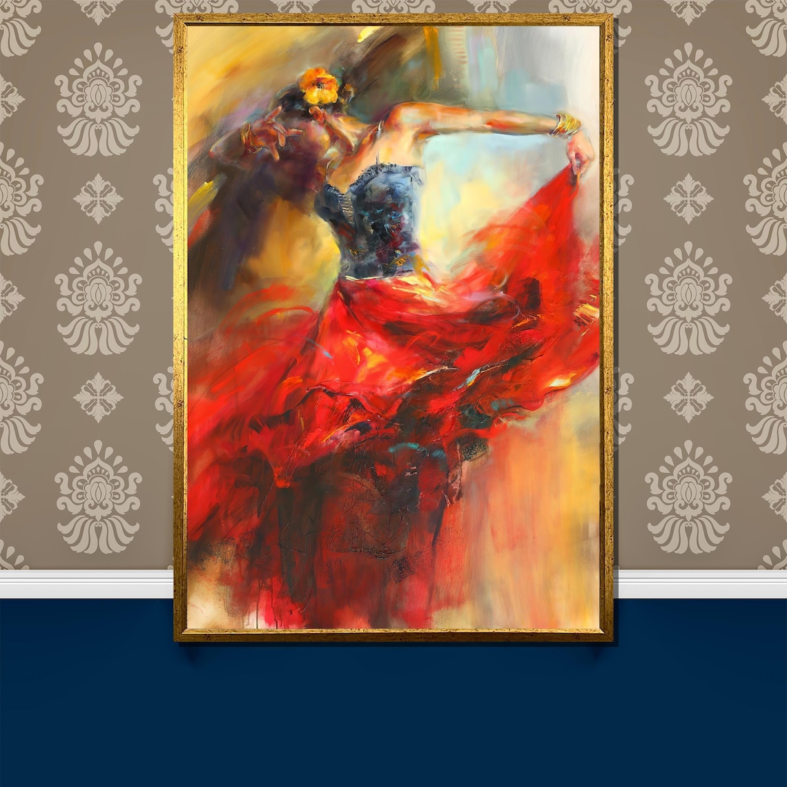 Flamenco Dancer in Blue Bodice Swirling Red Skirt Art Poster