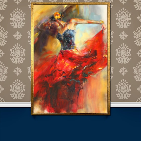 Dynamic Flamenco Dance Painting Elegant Red And Blue Artwork Gift For Spanish Culture Enthusiasts And Luxury Home Decor
