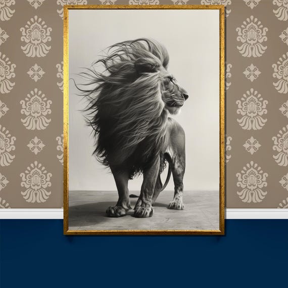 Powerful Black And White Lion Painting Majestic Wall Art Gift For Animal Lovers Bold Wildlife Home Decor