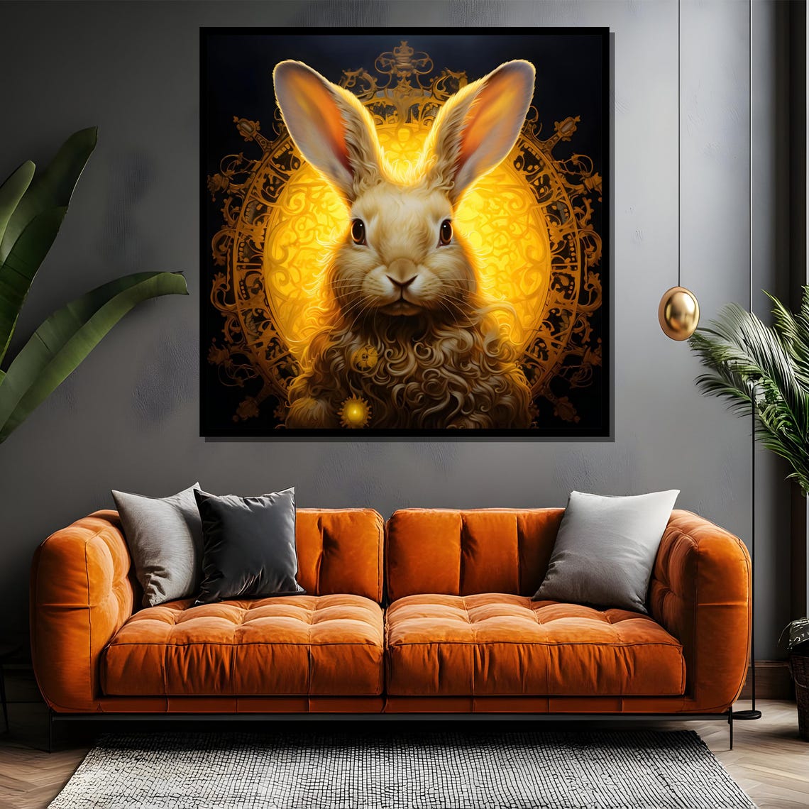 Enchanted Golden Rabbit Before A Glowing Ornamental Halo Poster - Image 4