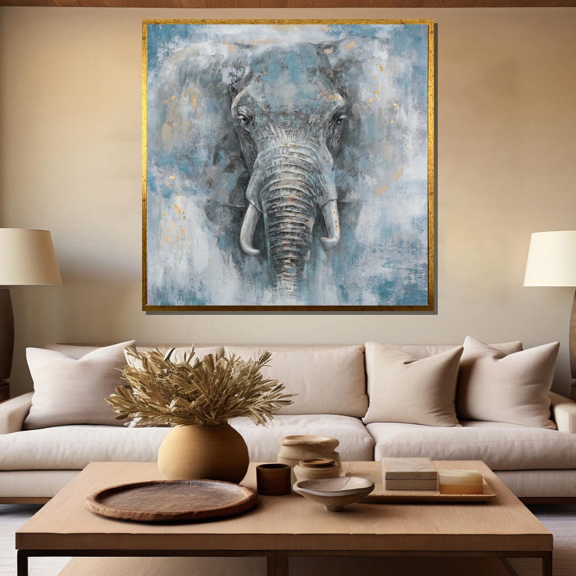 Elephant Portrait in Blue Gray with Gold Flecks Painting Poster - Image 5