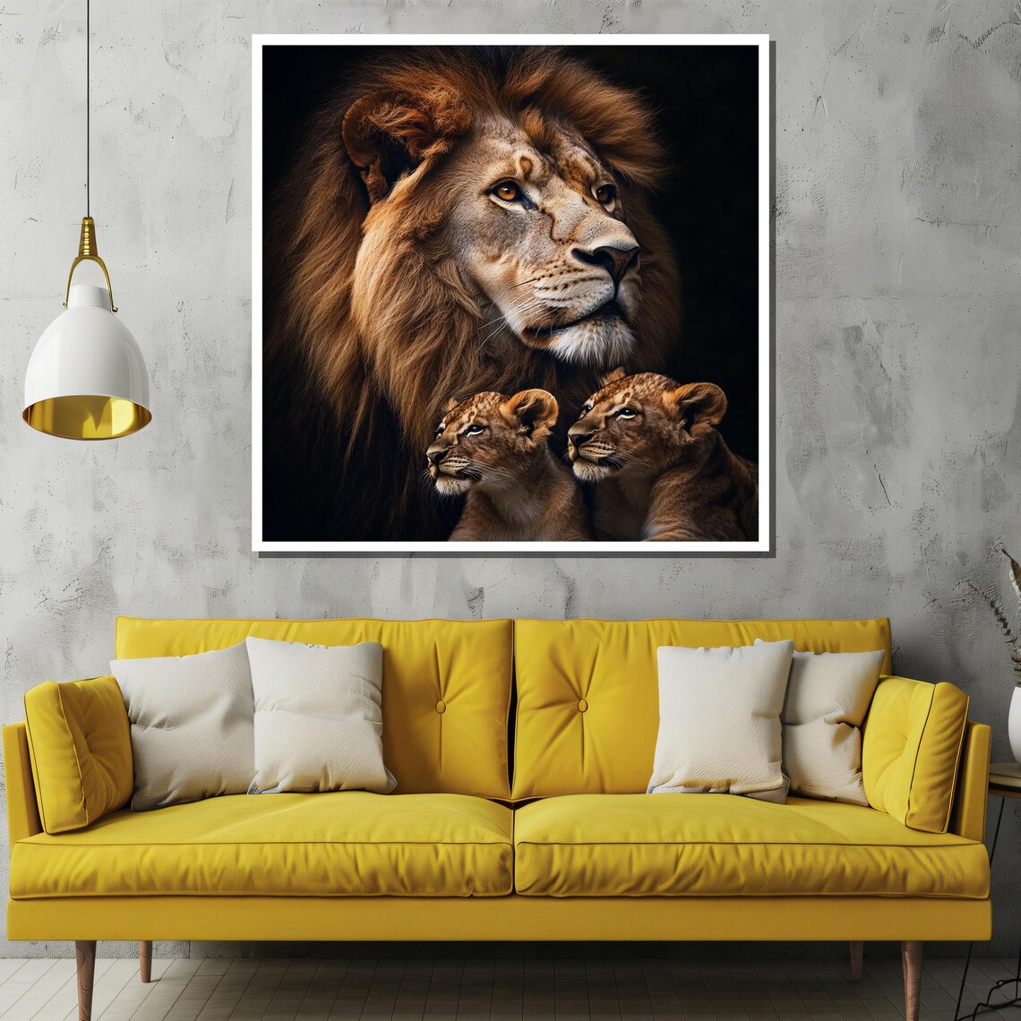Majestic Lion with Two Cubs in Dark Wildlife Portrait Poster - Image 2