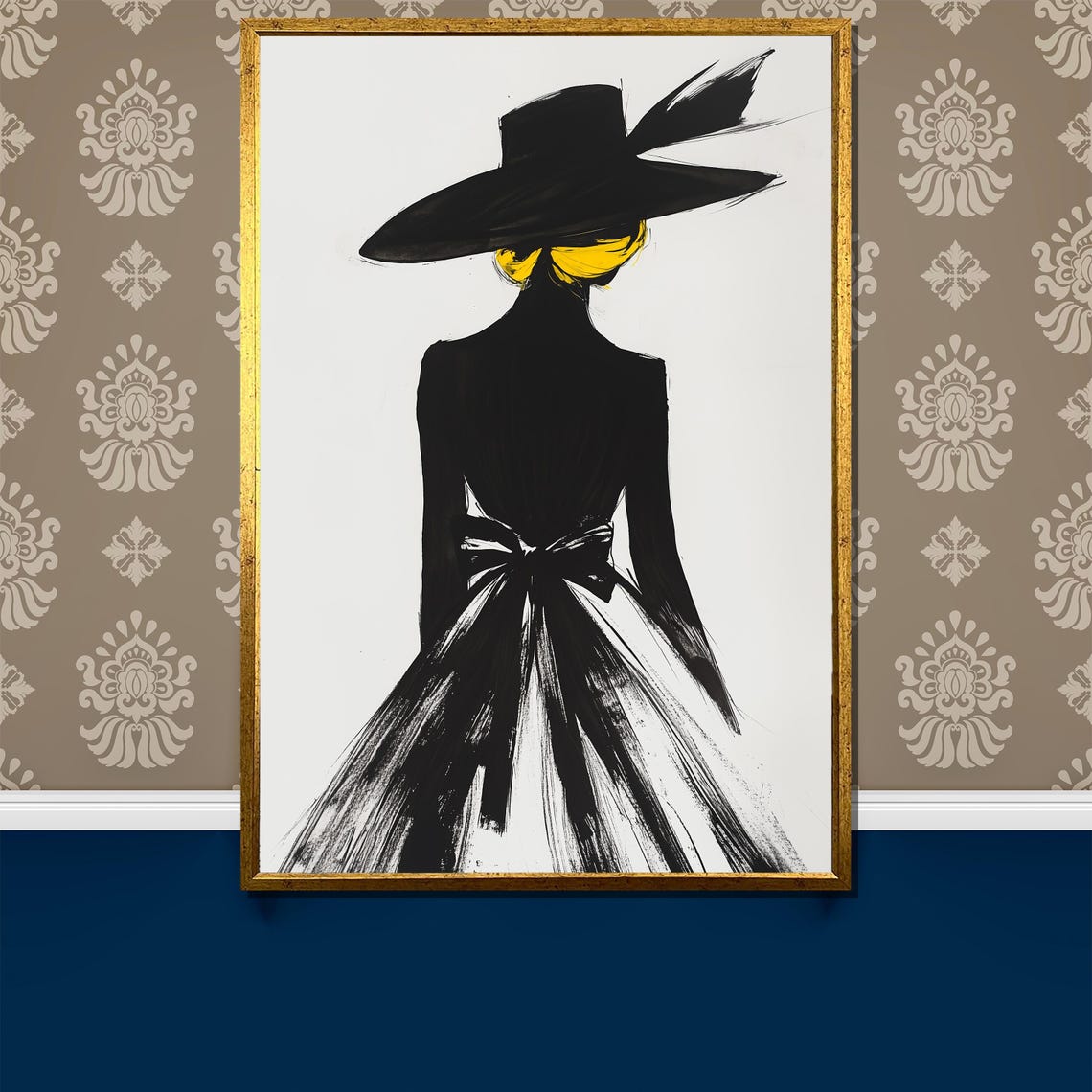Fashion Lady in Black Dress and Wide Hat Silhouette on White Poster