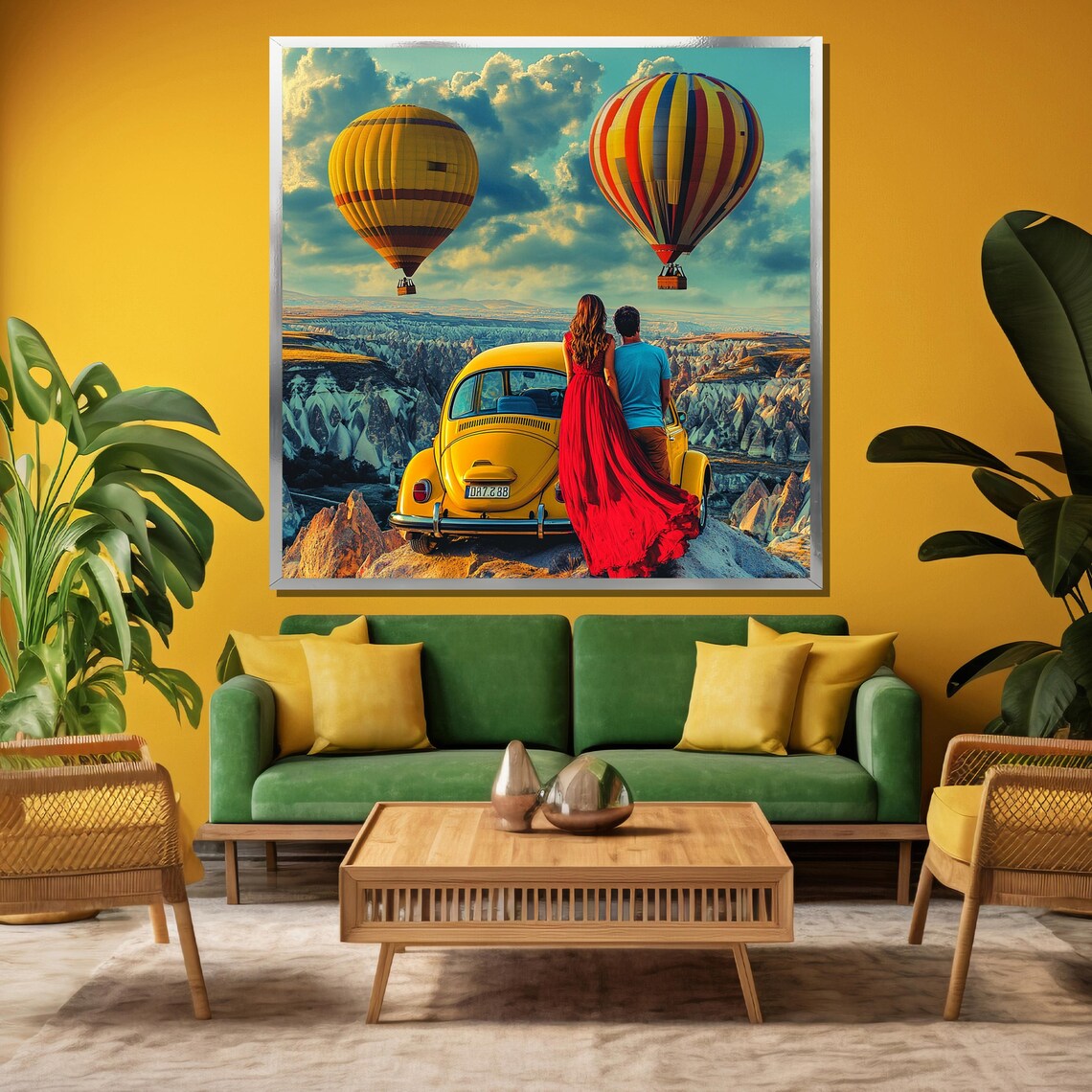 Couple By Yellow VW Beetle Cappadocia Balloons Adventure Art Poster - Image 3