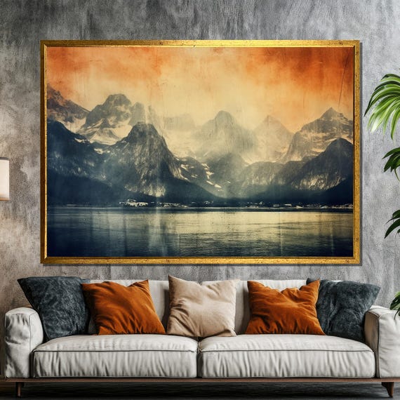 Vintage Mountain Landscape Painting Rustic Wall Art Gift With Warm Sepia Tones For Nature And Retro Decor Lovers