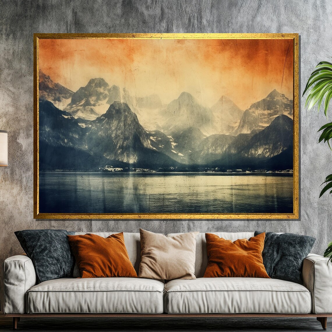 Vintage Sepia Mountain Lake With Rugged Peaks Retro Landscape Poster