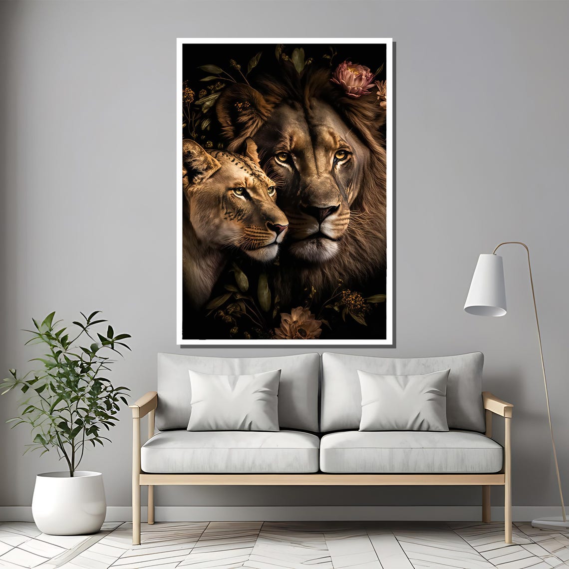 Lion And Lioness Portrait Framed By Dark Blooming Flowers Poster - Image 2