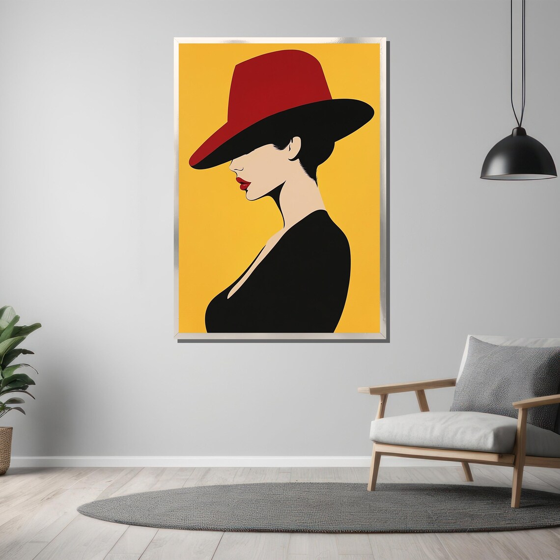 Minimalist Woman in Red Hat Profile Portrait on Mustard Poster - Image 3