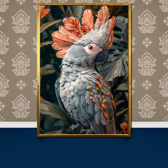 Elegant Parrot Painting Exotic Bird Wall Art With Gold Details Tropical Wildlife Decor Luxury Gift For Nature And Bird Lovers