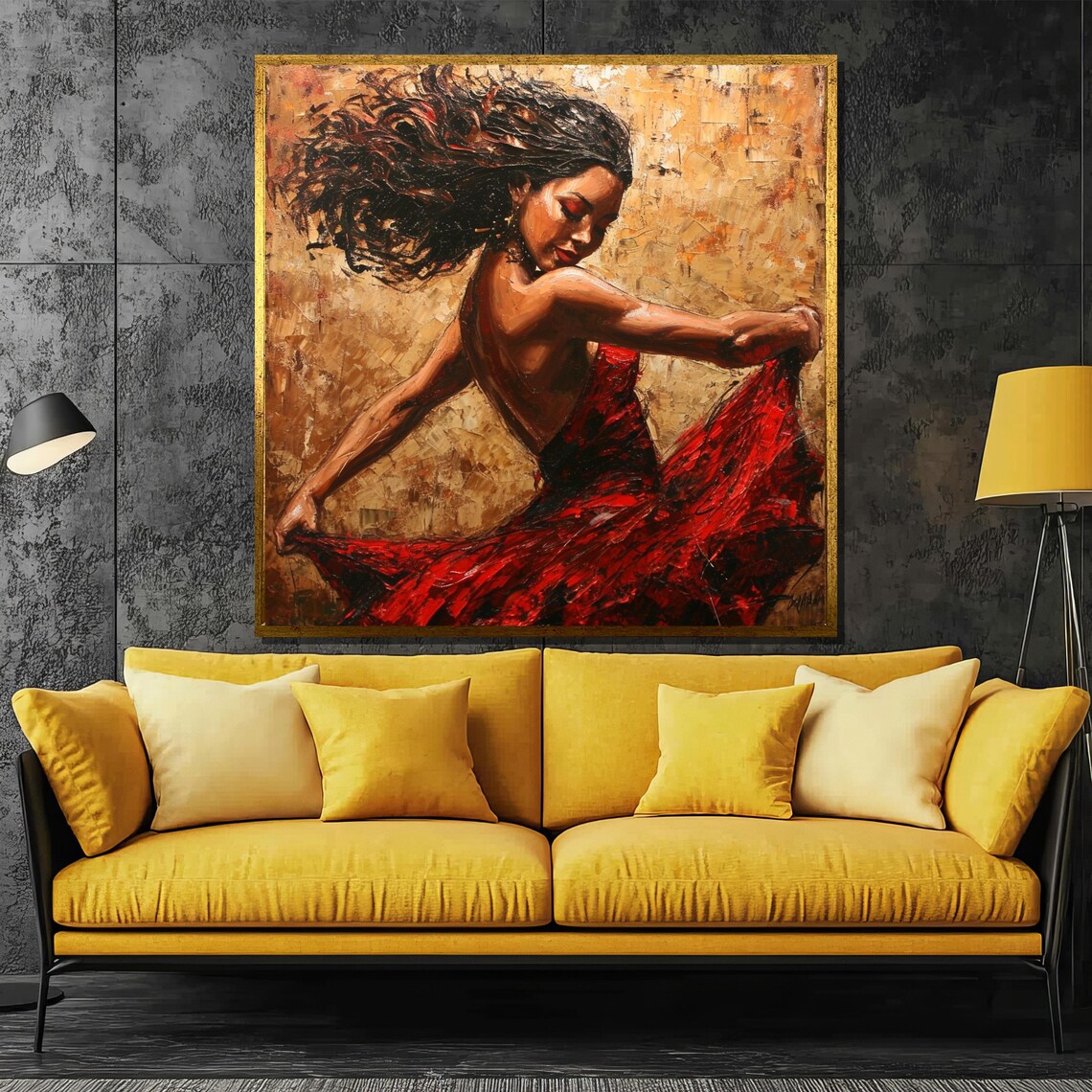 Flamenco Dancer in Red Dress with Flowing Hair Painting Poster