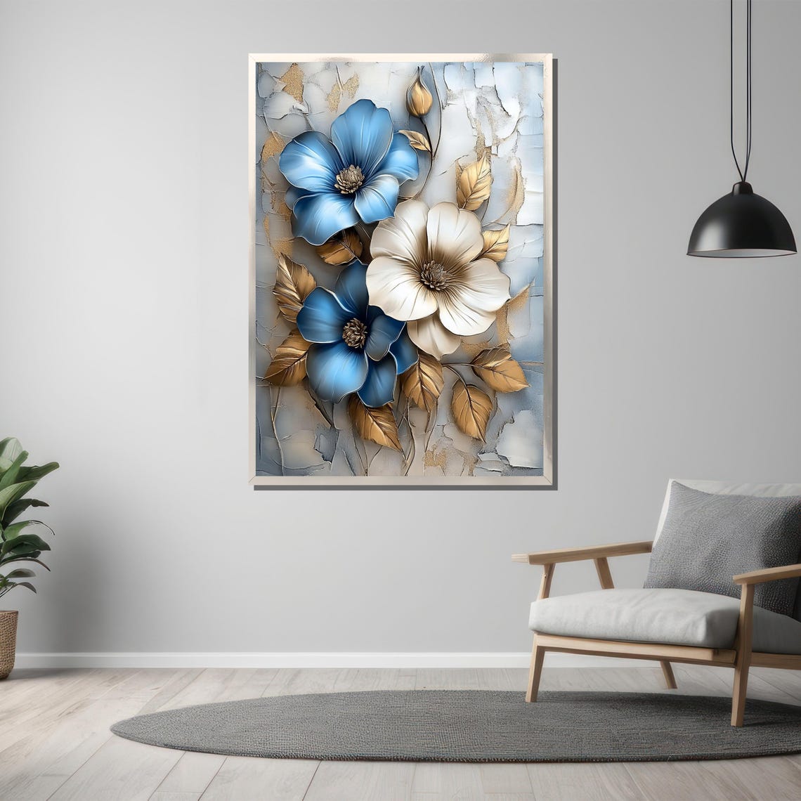 Blue And White Anemone With Gold Leaves Cracked Texture Poster - Image 3