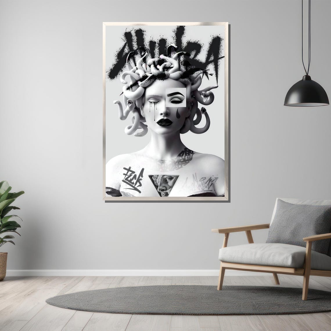 Medusa Painting Bold Black And White Graffiti Art Gift For Modern Home Decor And Unique Statement Wall Art - Image 3
