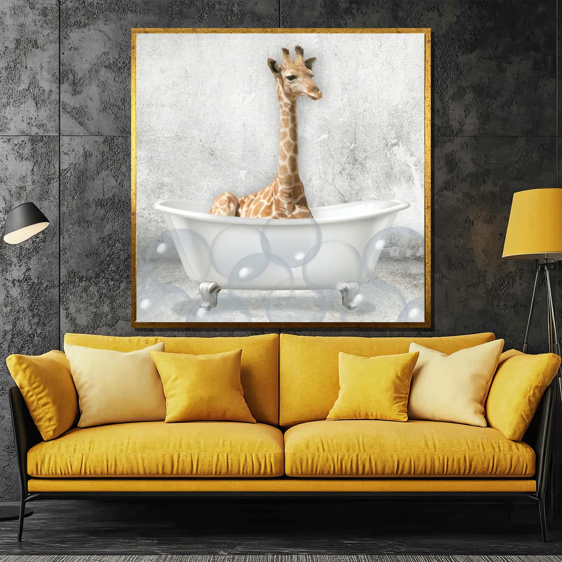 Whimsical Giraffe Soaking In A Bubble Filled Vintage Bathtub Poster
