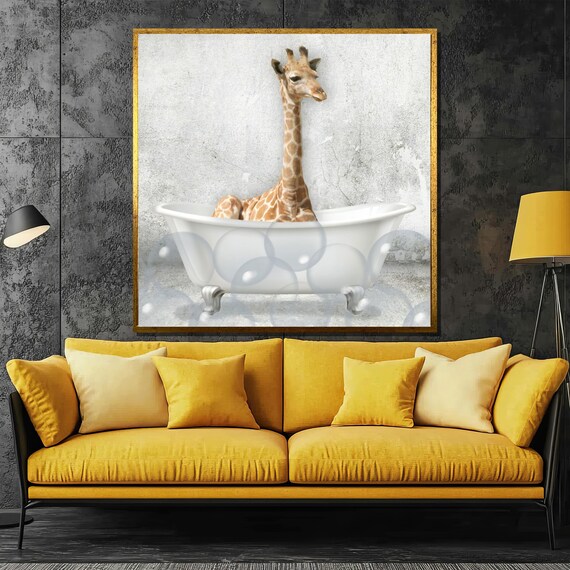 Whimsical Giraffe Soaking In A Bubble Filled Vintage Bathtub Poster