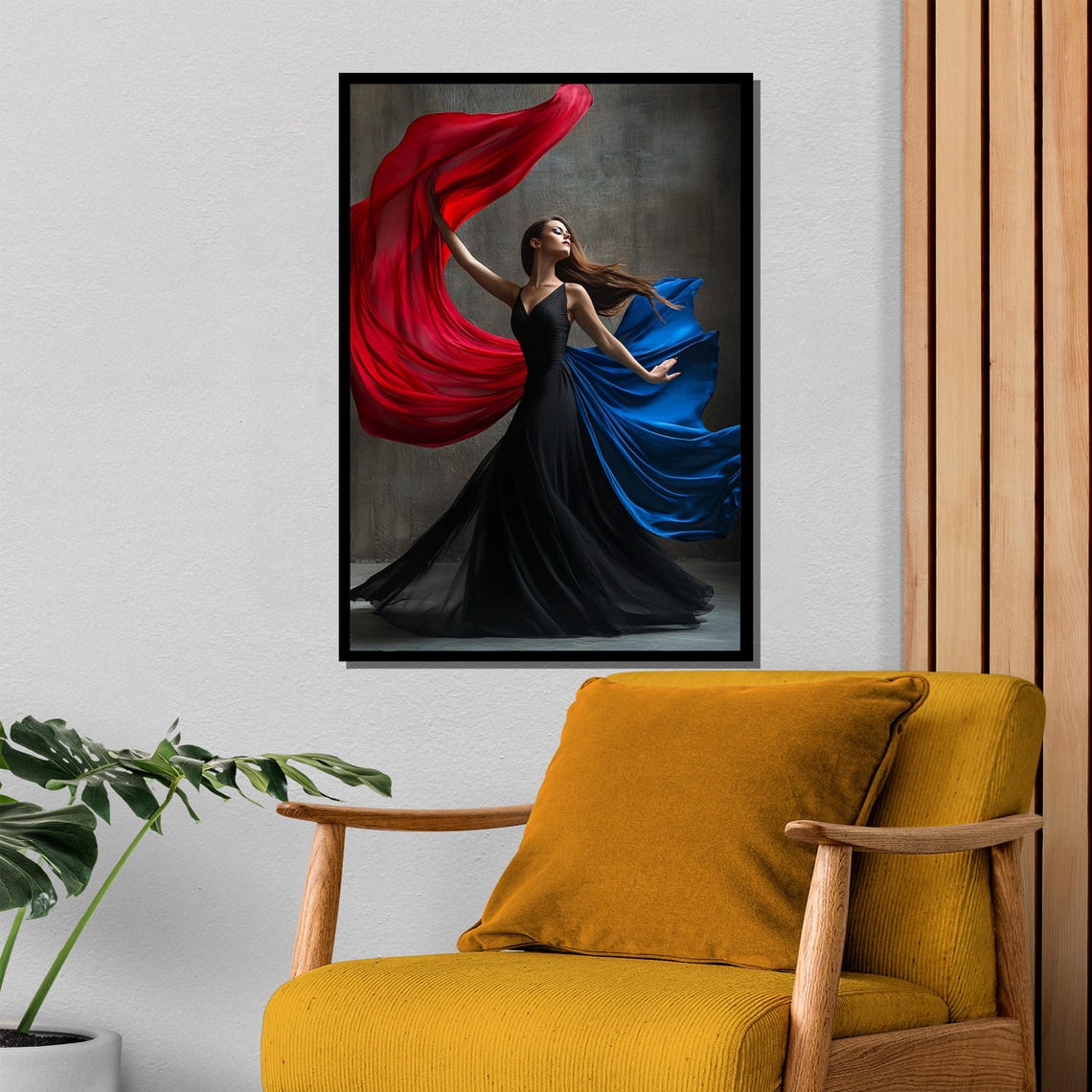 Dancer in Black Dress with Flowing Red Blue Silk Fabric Art Poster - Image 4