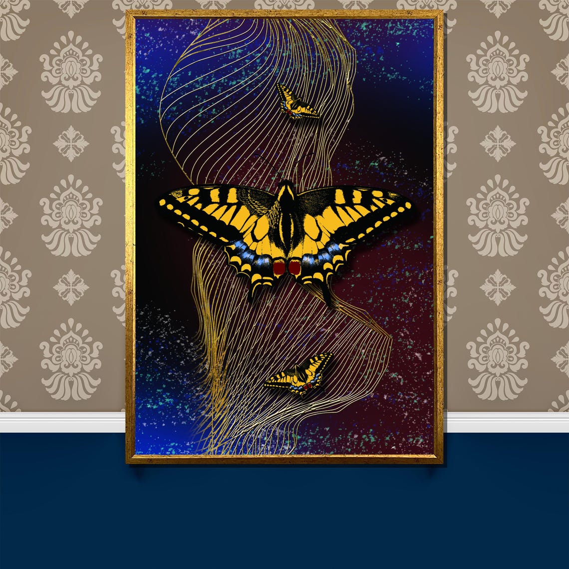 Yellow Swallowtail Butterflies Over Midnight Blue Art Poster