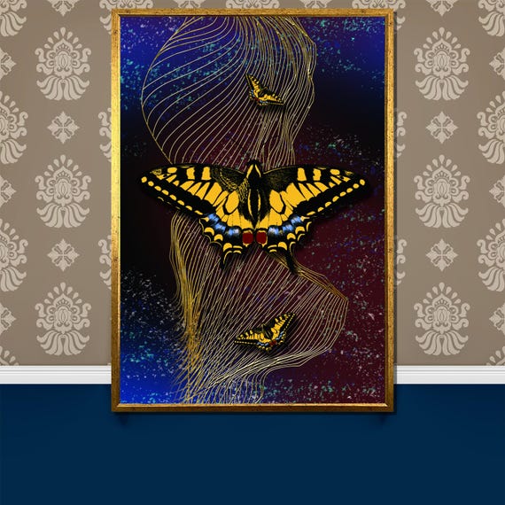 Vibrant Butterfly Painting Striking Yellow And Black Butterflies On Abstract Background Unique Wall Art Gift Elegant Nature Decor