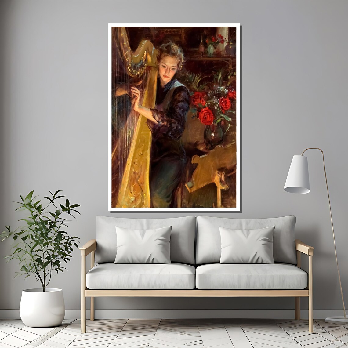 Woman Playing Golden Harp Classical Music Roses Painting Poster - Image 2