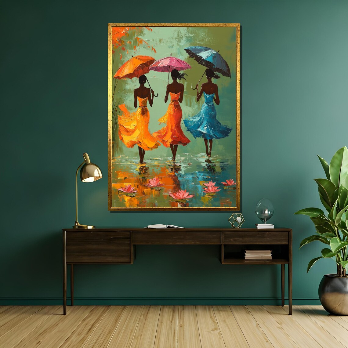 Romantic Three Women With Colorful Umbrellas Rainy Day Art Poster - Image 5