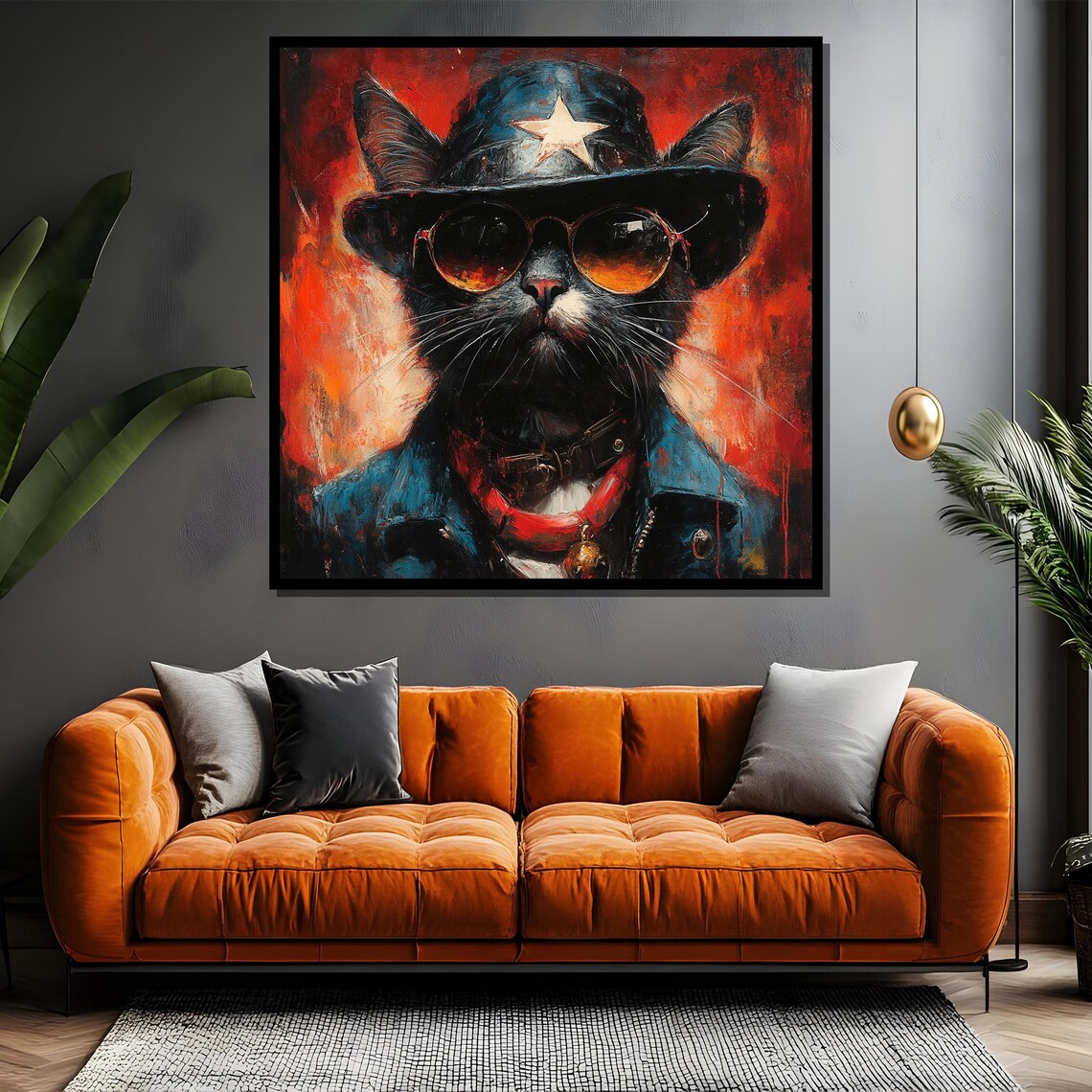Rebel Black Cat in a Cowboy Hat and a Leather Jacket Portrait Poster - Image 4