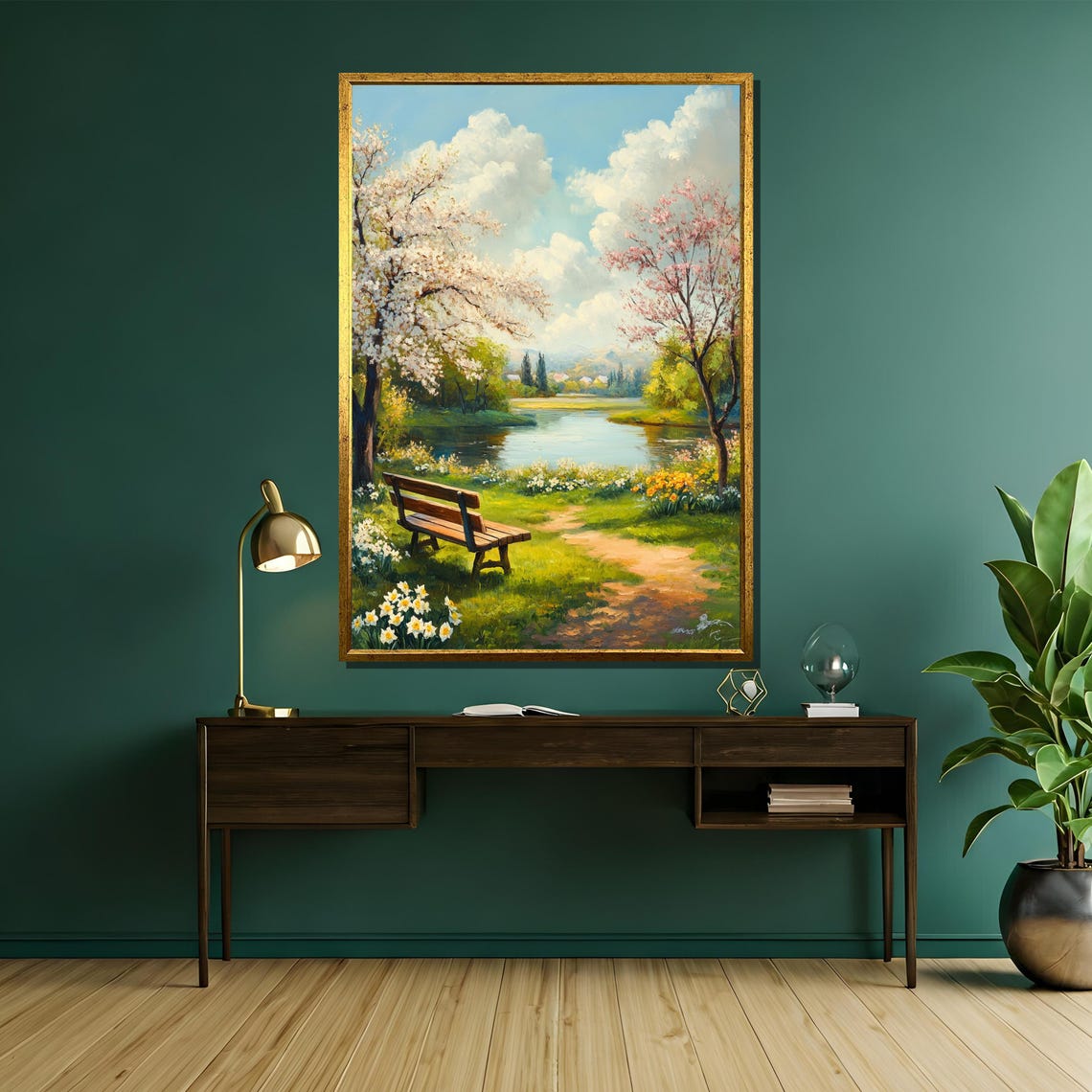 Serene Spring Landscape Painting With Blossoming Trees And Park Bench Peaceful Lakeside Scenery Wall Art For Home Decor Gift - Image 5
