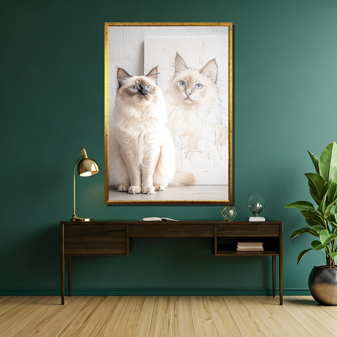 Blue Eyed Beauty White Cat Posing Beside Its Own Sketch Poster - Image 5