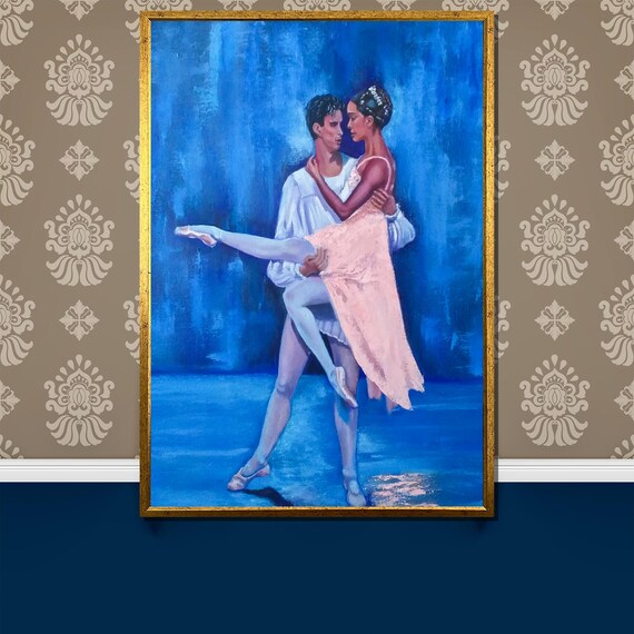 Elegant Ballet Dancers Lift On Blue Stage Romantic Painting Poster