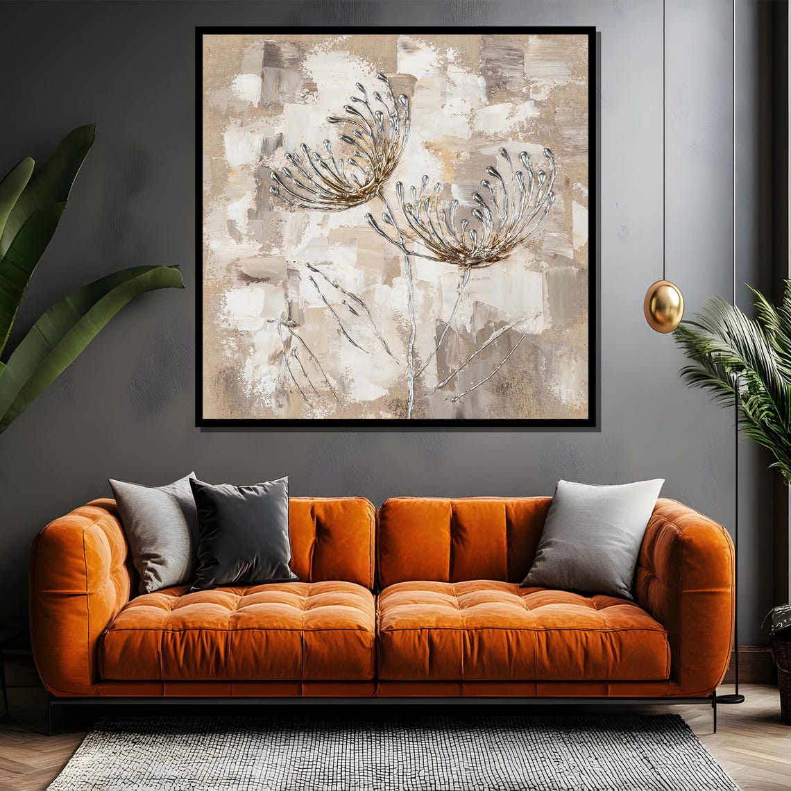 Silver Abstract Dandelion Flowers On Neutral Beige Art Poster - Image 4