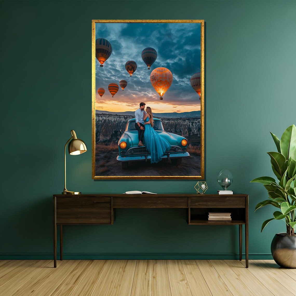 Couple On Vintage Car Cappadocia Balloons Sunset Travel Art Poster - Image 5