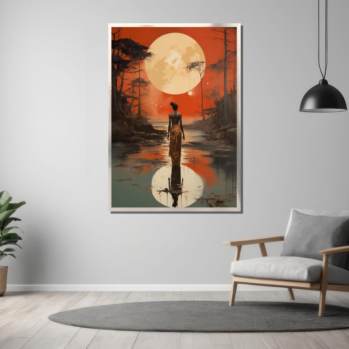 Lone Woman Walking Into Moonlit River Surreal Night Art Poster - Image 3