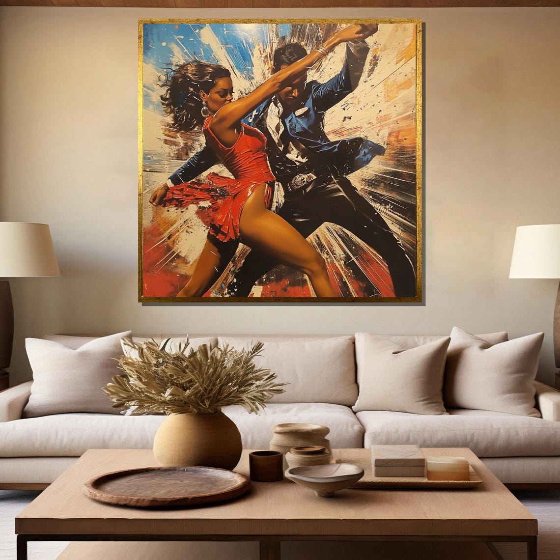 Dynamic Salsa Couple Dancing in Red and Blue Splash Art Poster - Image 5