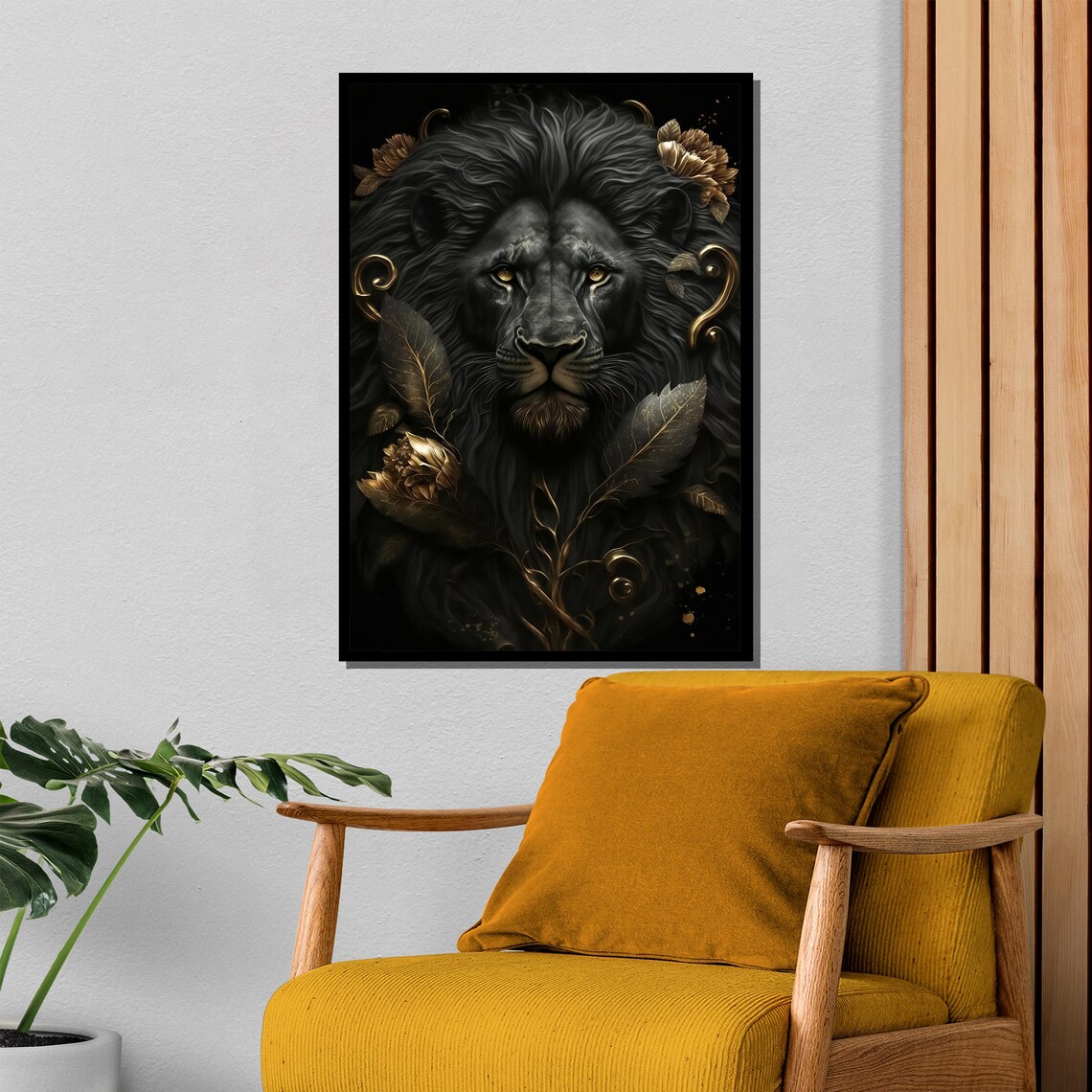 Black Lion With Golden Floral Accents On Dark Backdrop Poster - Image 4
